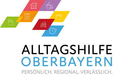 Buntes Logo von Alltagshilfe Oberbayern mit Claim, hexagonförmigen Symbolen und Wellenlinien als Blickfang für eine klare Botschaft.