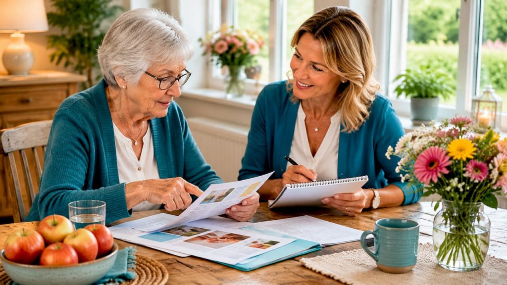 Eine Seniorin lässt sich am Küchentisch von einer Betreuerin beraten.