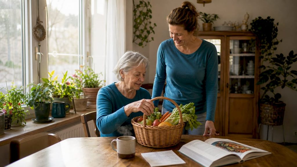 Eine Seniorin räumt gemeinsam mit ihrer Haushaltshilfe die Einkäufe aus dem Korb.