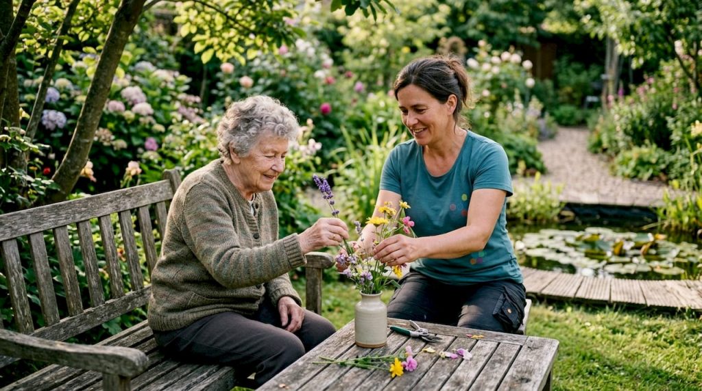 Eine Seniorin bekommt Unterstützung im Alltag in den eigenen vier Wänden.