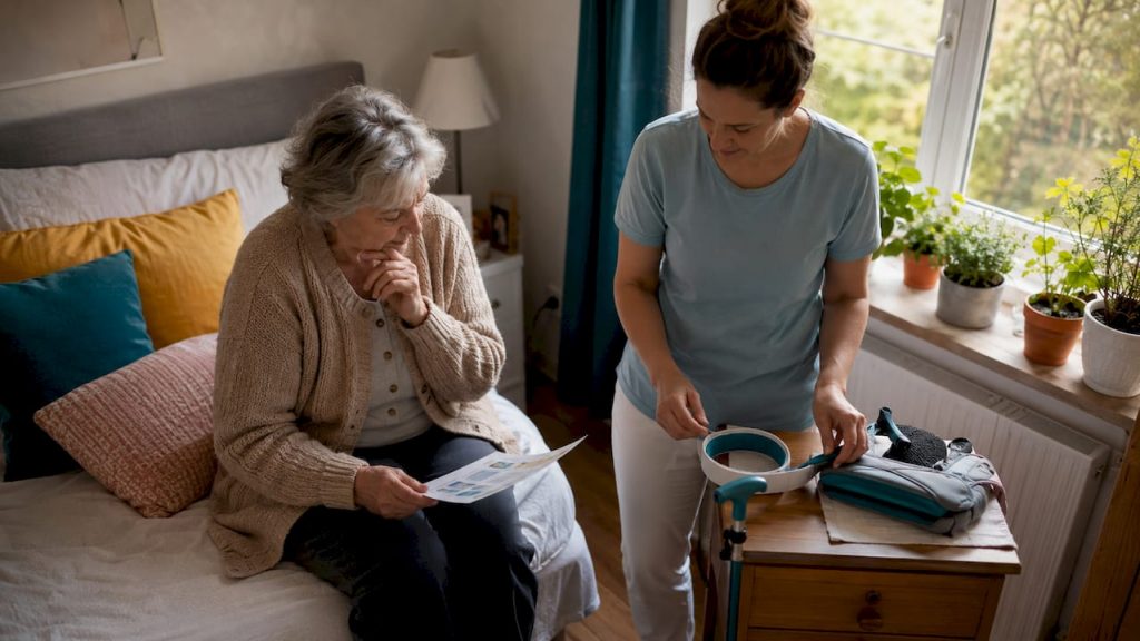 Zu Hause sitzt eine ältere Dame gemeinsam mit ihrer Pflegekraft, beide beugen sich über wichtige Dokumente und besprechen alles in ruhiger Atmosphäre.
