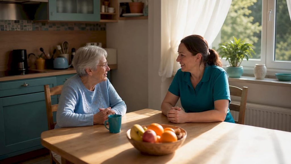 Im Wohnzimmer führt die Seniorin ein offenes und herzliches Gespräch mit ihrer Pflegekraft.