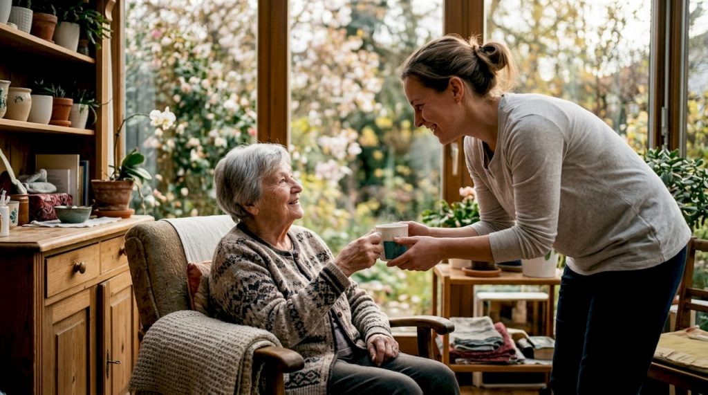 Eine liebevolle Betreuungskraft verbringt gemeinsam mit einer Seniorin Zeit im gemütlichen Wohnzimmer in Oberbayern.