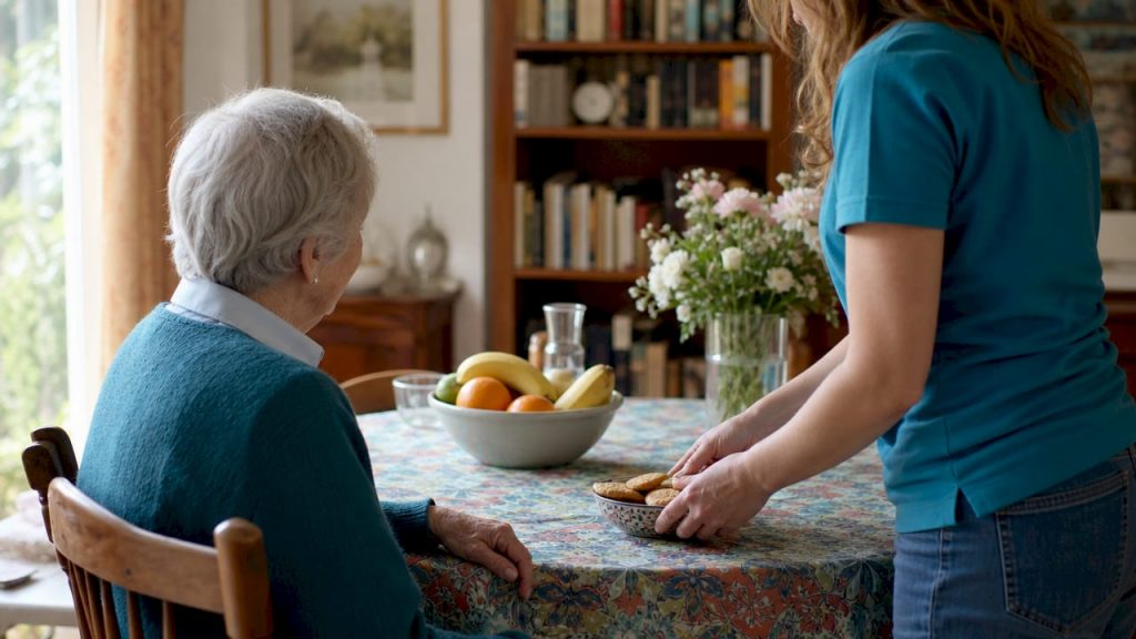 Eine Seniorin sitzt gemeinsam mit ihrer Pflegekraft im Wohnzimmer.