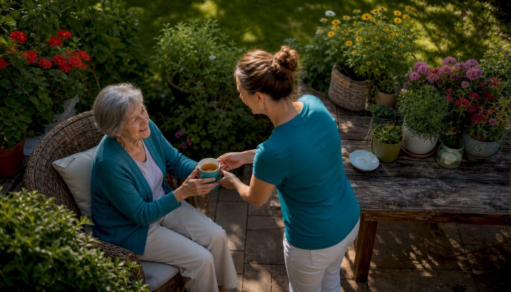 Eine Seniorin genießt gemeinsam mit ihrer Begleitung eine Tasse Tee im gemütlichen Wohnzimmer.