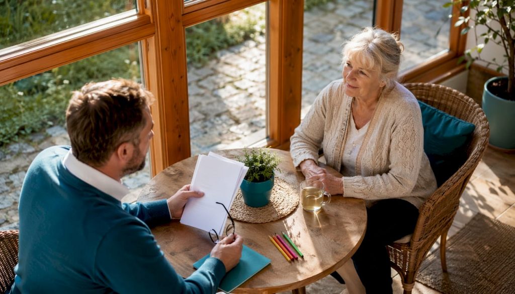 Ein Steuerberater erklärt einer älteren Dame, wie sie vom Entlastungsbetrag profitieren kann.