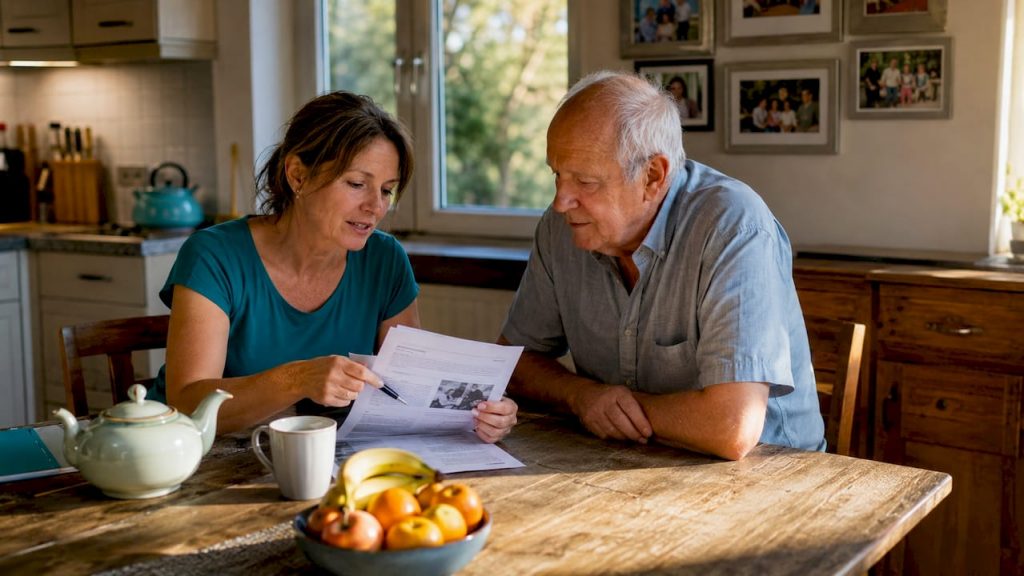 Ein Senior bespricht gemeinsam mit seiner Pflegekraft wichtige Unterlagen rund um die Betreuung.