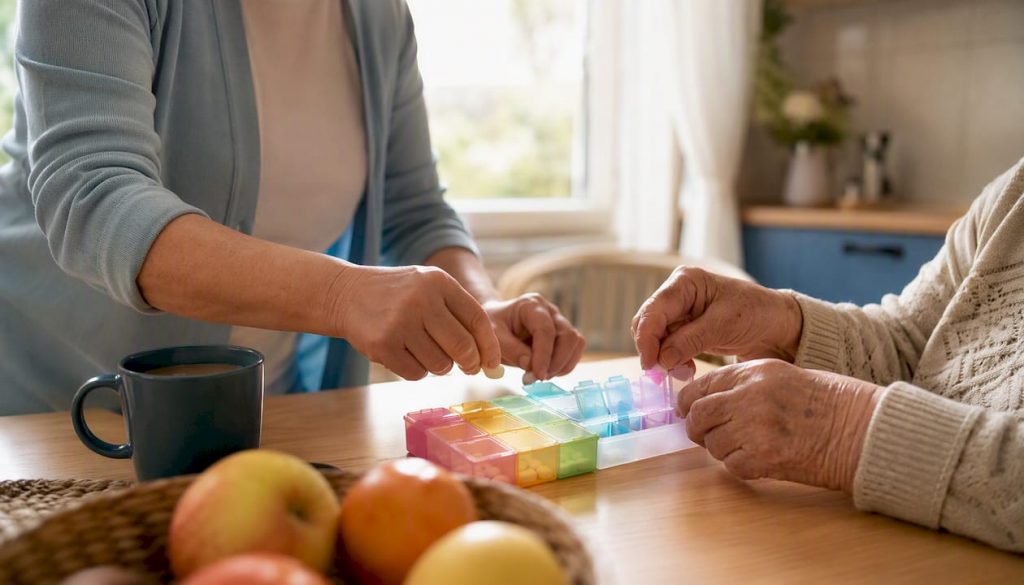Eine Pflegekraft stellt die Medikamente für eine Seniorin oder einen Senior sorgfältig zusammen.