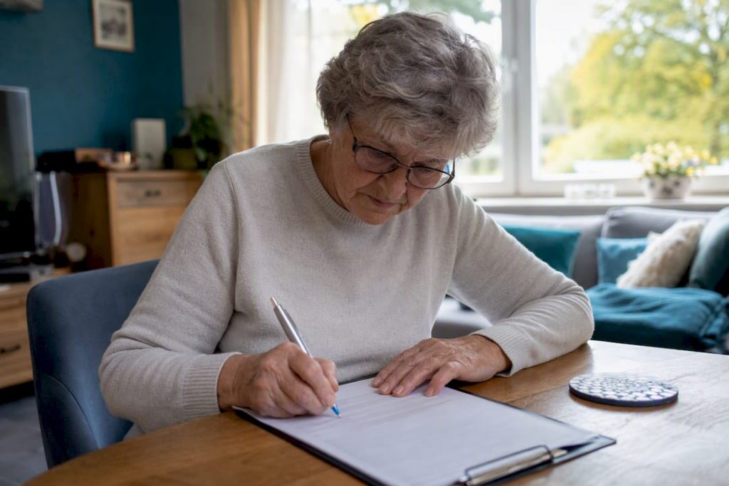 Senior unterschreibt den Antrag auf Pflegegrad am Tisch