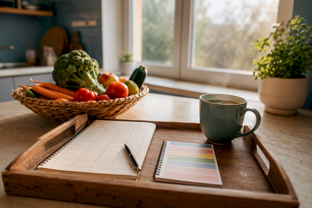 Wöchentlicher Speiseplan und Einkaufsliste mit frischem Obst und Gemüse
