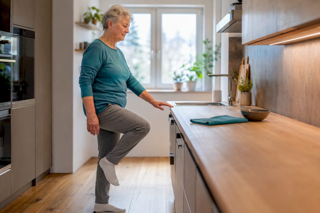 Senior übt das Einbeinstehen an der Küchenarbeitsplatte