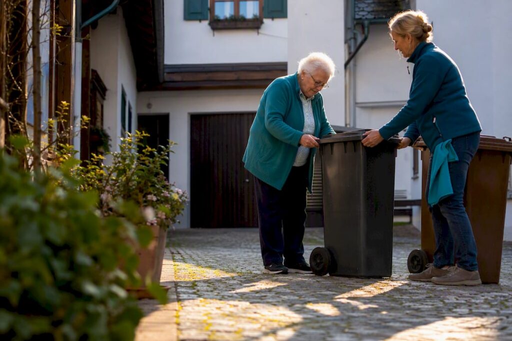 Seniorin stellt die Mülltonnen mit Unterstützung im Alltag bereit