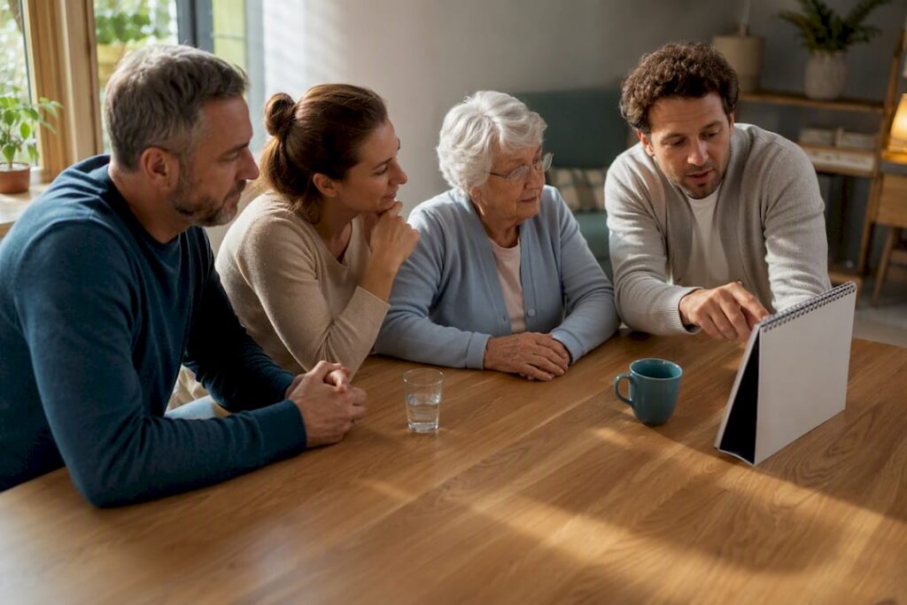 Die Familie stimmt sich gemeinsam über die Pflegeaufgaben ab.