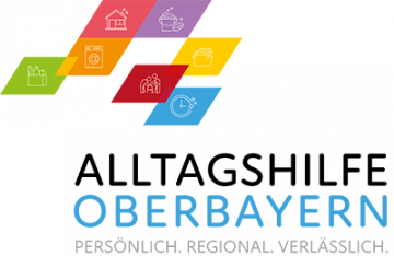 Buntes Logo von Alltagshilfe Oberbayern mit Claim, hexagonförmigen Symbolen und Wellenlinien als Blickfang für eine klare Botschaft.